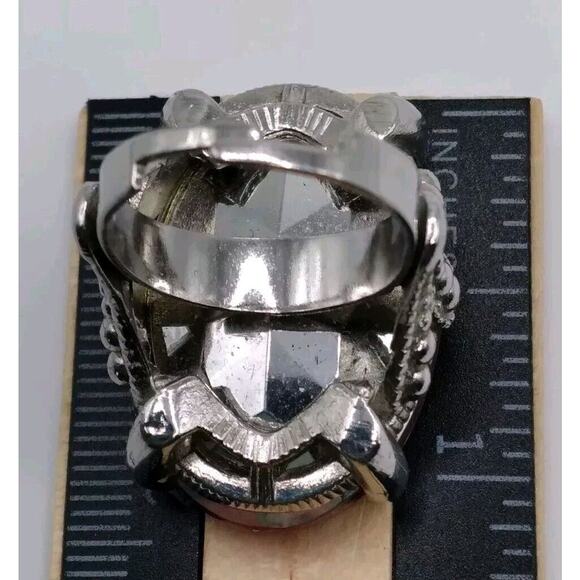 Cocktail Ring Ruby Red Glass Cabochon Statement Silvertone Ajustable Faceted - Picture 7 of 8